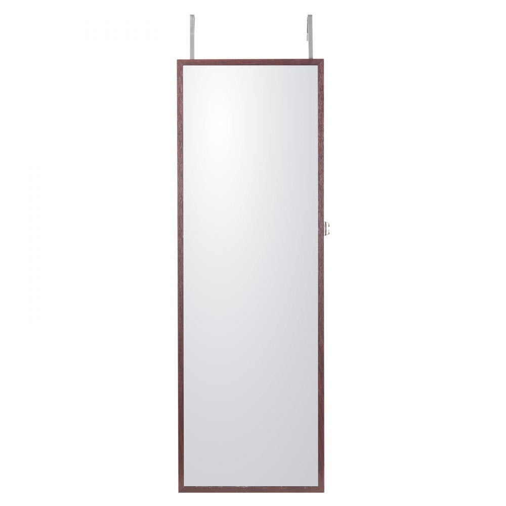 VEVOR Mirror Jewelry Cabinet, 42.52-Inch Tall Lockable Jewelry Cabinet Armoire with Full-Length Mirror, Wall or Door Mounted Jewelry Mirror Organizer with LED Interior Lights and Velvet Lining, Brown