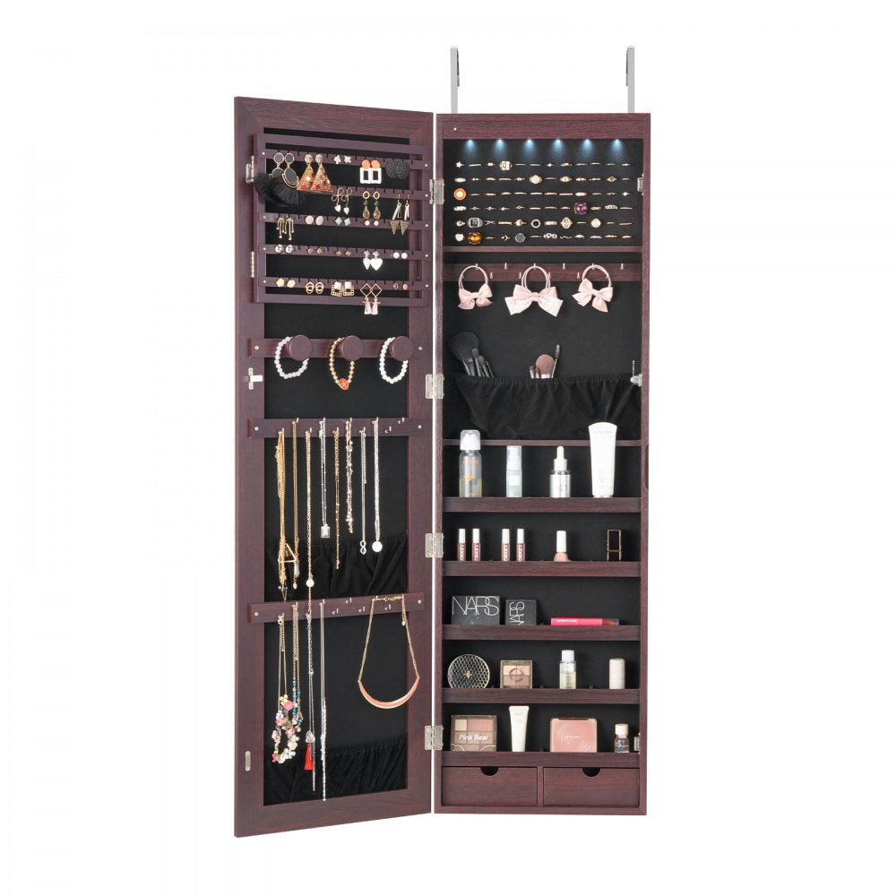 VEVOR Mirror Jewelry Cabinet, 47.05-Inch Tall Lockable Jewelry Cabinet Armoire with Full-Length Mirror, Wall or Door Mounted Jewelry Mirror Organizer with LED Interior Lights and Velvet Lining, Brown
