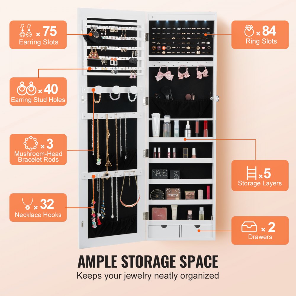 VEVOR Mirror Jewelry Cabinet, 47.05-Inch Tall Lockable Jewelry Cabinet Armoire with Full-Length Mirror, Wall or Door Mounted Jewelry Mirror Organizer with LED Interior Lights and Velvet Lining, White