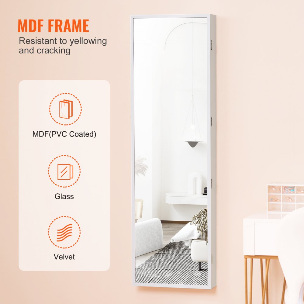 VEVOR Mirror Jewelry Cabinet, 47.05-Inch Tall Lockable Jewelry Cabinet Armoire with Full-Length Mirror, Wall or Door Mounted Jewelry Mirror Organizer with LED Interior Lights and Velvet Lining, White