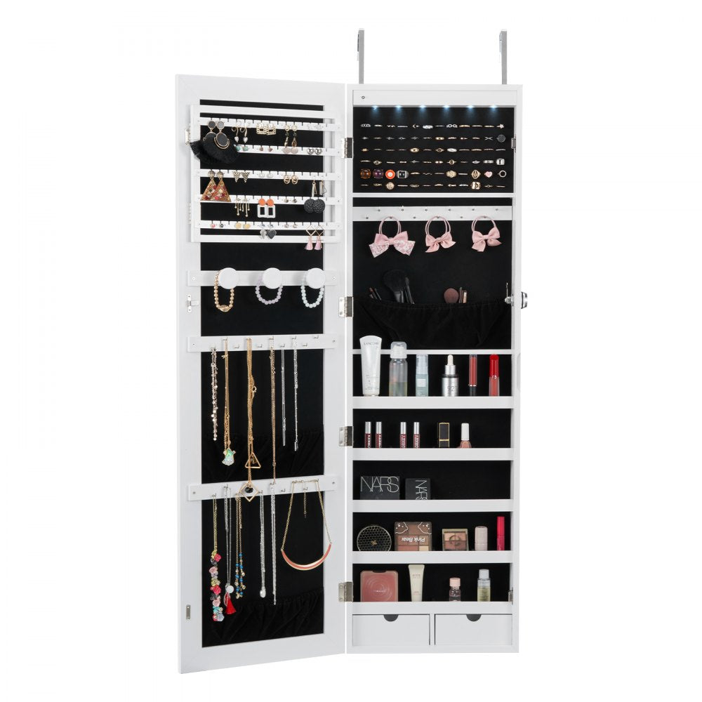 VEVOR Mirror Jewelry Cabinet, 47.05-Inch Tall Lockable Jewelry Cabinet Armoire with Full-Length Mirror, Wall or Door Mounted Jewelry Mirror Organizer with LED Interior Lights and Velvet Lining, White