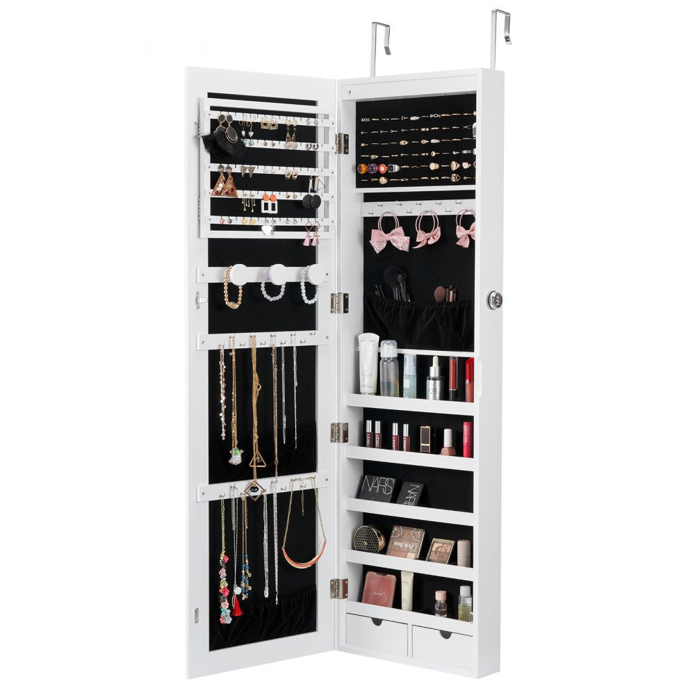 VEVOR Mirror Jewelry Cabinet, 47.05-Inch Tall Lockable Jewelry Cabinet Armoire with Full-Length Mirror, Wall or Door Mounted Jewelry Mirror Organizer with LED Interior Lights and Velvet Lining, White