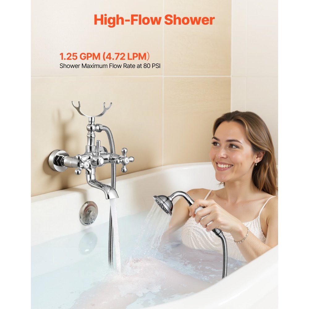 VEVOR Clawfoot Tub Faucet, Wall Mount Bathtub Faucets with Handheld Shower, Vintage Polished Chrome Clawfoot Tub Filler Faucet Shower Kit with Adjustable Swing Arms & 360° Rotation Spout for Bathtubs