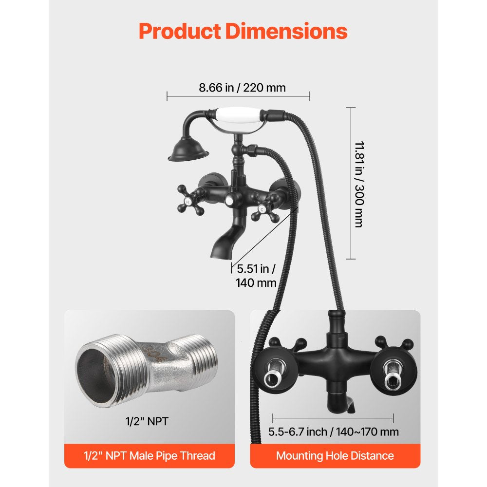 VEVOR Clawfoot Tub Faucet, Wall Mount Bathtub Faucets with Handheld Shower, Vintage Matte Black Clawfoot Tub Filler Faucet Shower Kit with Adjustable Swing Arms & 360° Rotation Spout for Bathtubs
