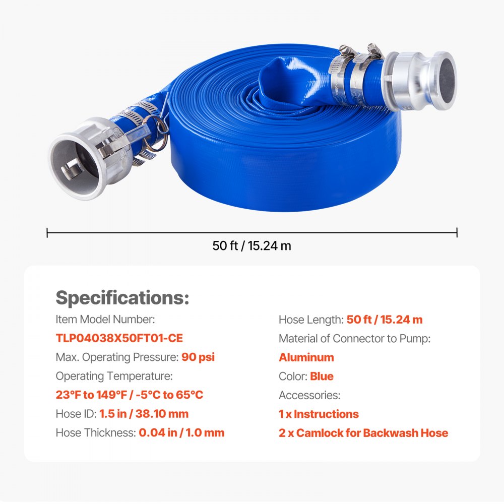 VEVOR Backwash Hose, 1.5 in x 50 ft, Blue High Quality PVC Hose, with Clamps, Camlock, Aluminum Fittings, Fit Various Pumps, for Sewage Treatment, Water Transportation and More Agricultural Purposes