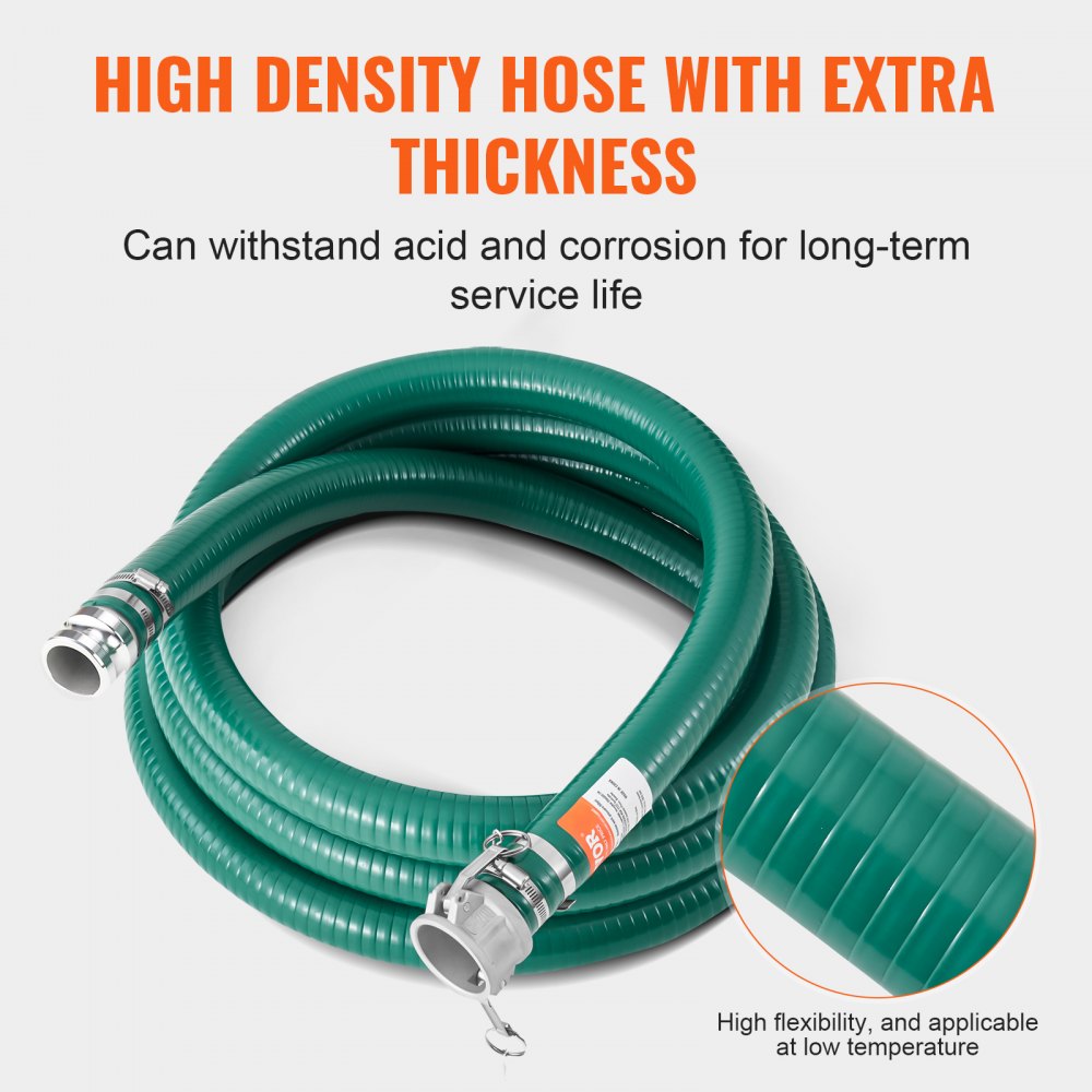 VEVOR Suction Hose, 2 in x 20 ft, Green High Quality Hose, with Camlock Connectors, and Aluminum Fittings, Fit Various Pumps, for Sewage Treatment, Water Transportation and More Agricultural Purposes