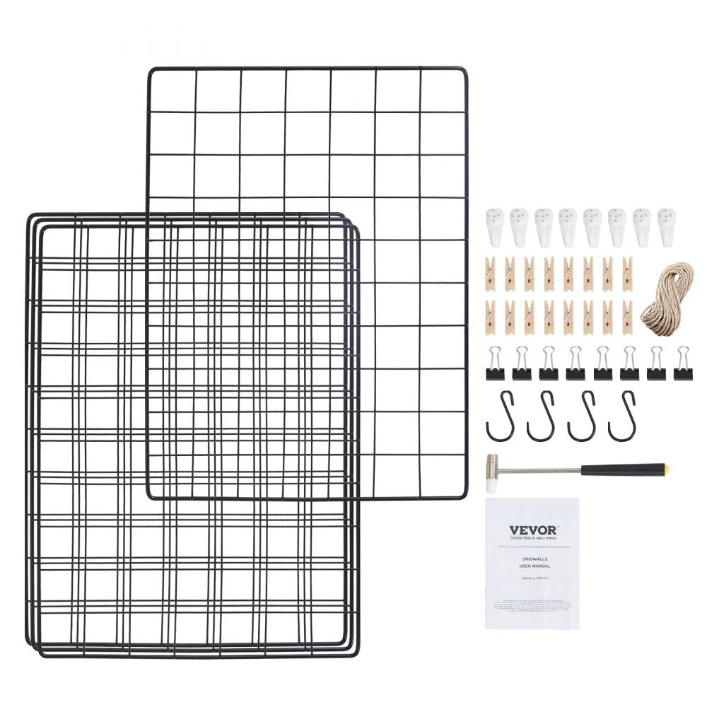 VEVOR Grid Wall Panels, 4 Packs Wire Wall Grid for Photo Pictures Display, Wall Storage Organizer Metal Grid Wall Panel for Home Office Decor with Clips and Hooks, 11.8x15.7 inch