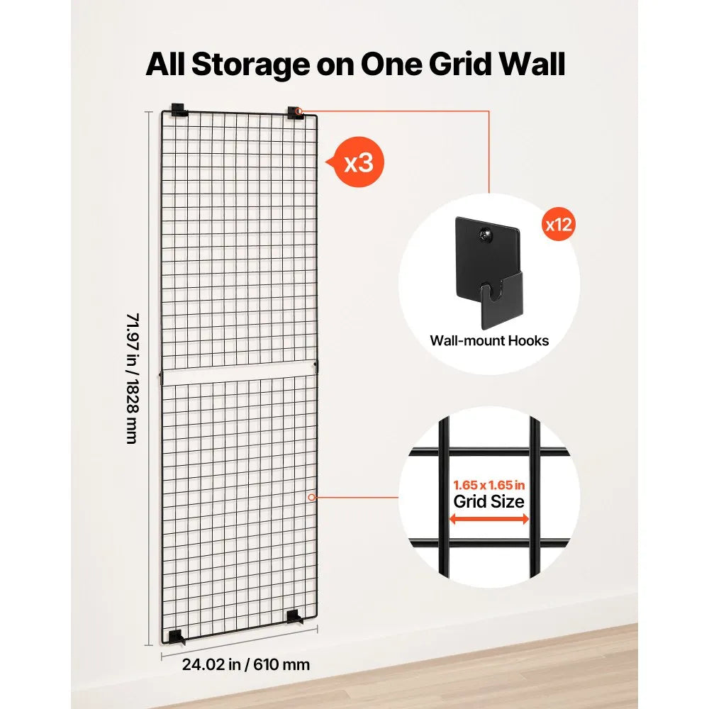 Vevor Grid Wall Panels 3-Pack 2' x 6' Wall-Mounted Wire Display Rack B ...