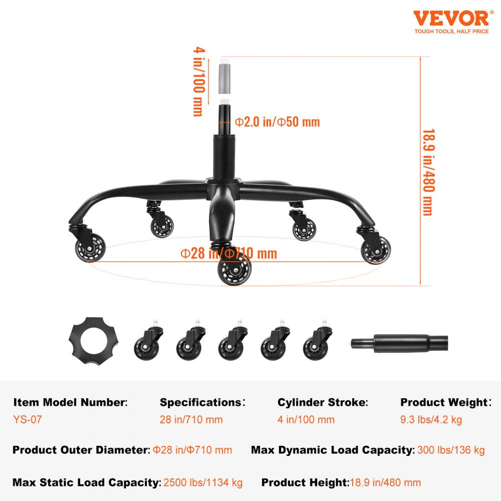 VEVOR Office Chair Base Replacement, 28", 2500 lbs Static Load Capacity, Heavy Duty Universal Computer Desk Chair Stool Base Part with 5 Casters and Gas Cylinder, Desk Chair Base Replacement, Black