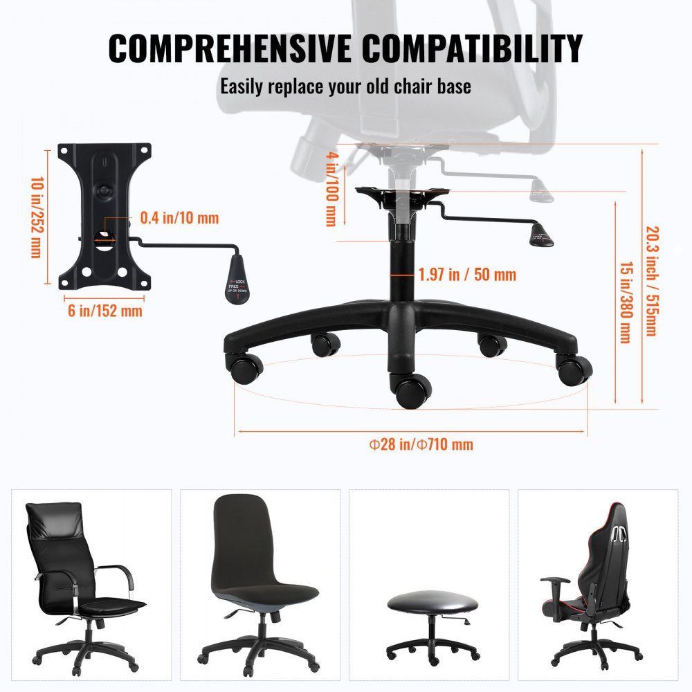 VEVOR Office Chair Base Replacement, 28", 2500 lbs Static Load, Heavy Duty Universal Computer Desk Chair Stool Base Part with 5 Casters, Gas Cylinder & Seat Plate, Desk Chair Base Replacement, Black