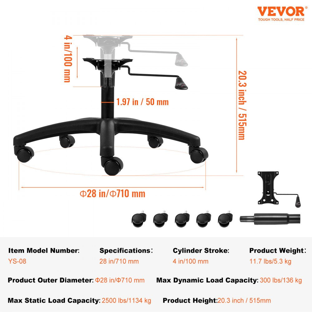 VEVOR Office Chair Base Replacement, 28", 2500 lbs Static Load, Heavy Duty Universal Computer Desk Chair Stool Base Part with 5 Casters, Gas Cylinder & Seat Plate, Desk Chair Base Replacement, Black