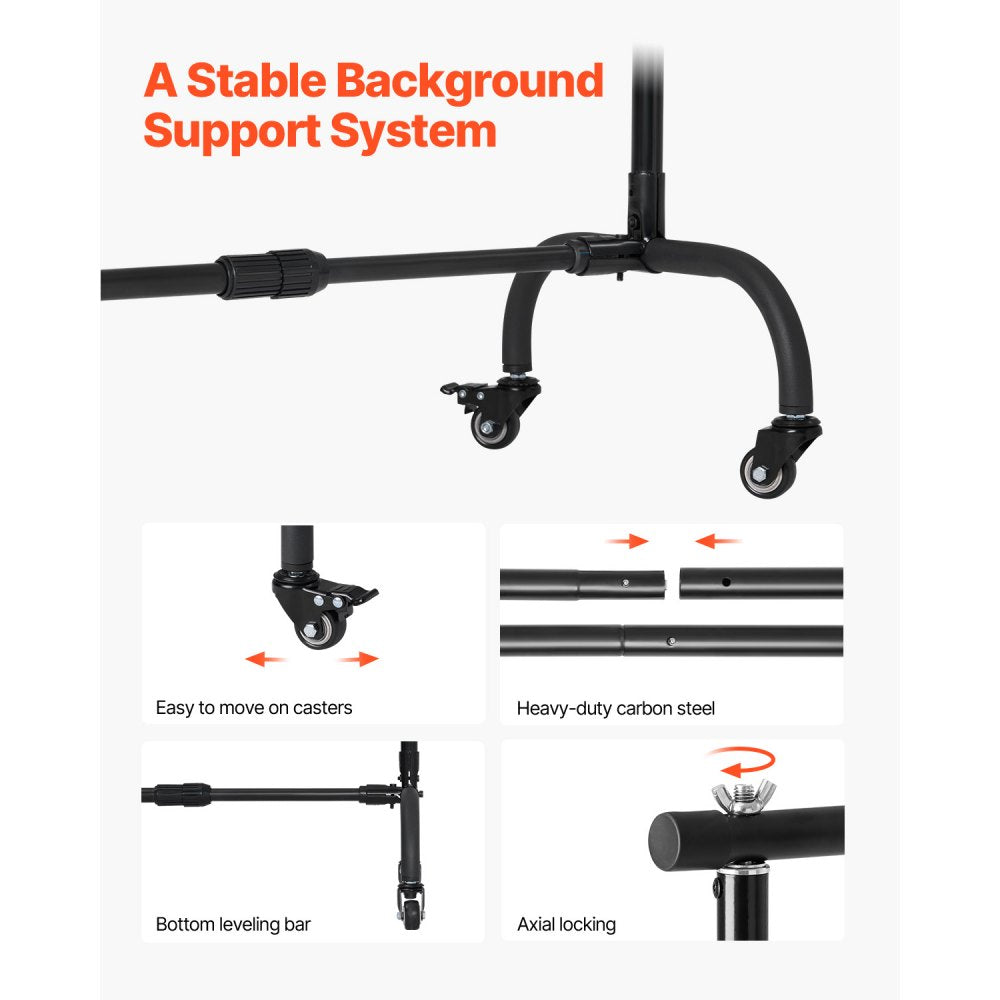 VEVOR Backdrop Stand with Wheels, 7 x 10 ft Adjustable Photo Backdrop Stand Kit, Moveable Background Backdrop Stand, Heavy Duty Projector Screen Stand, for Wedding, Photo Studio & Party