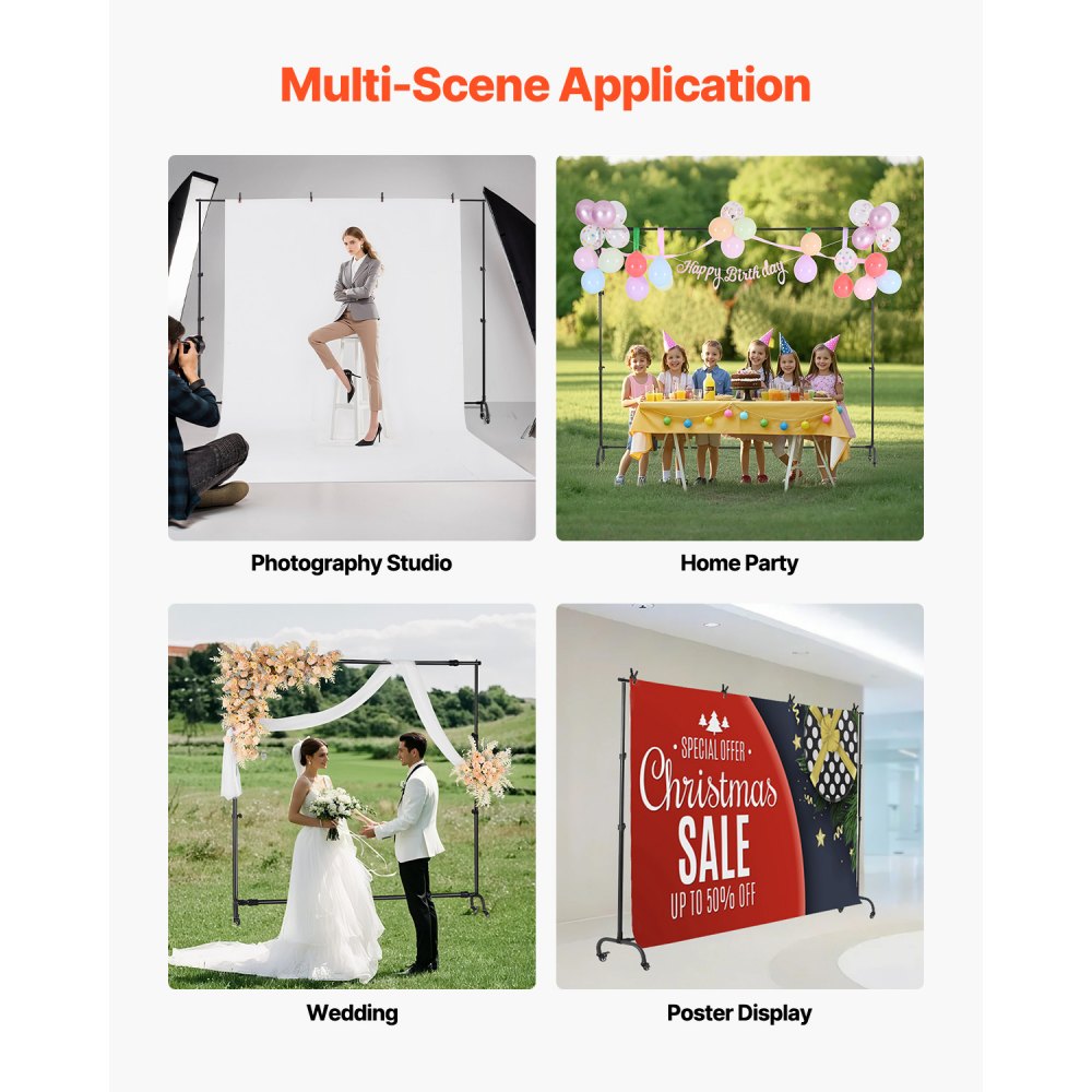 VEVOR Backdrop Stand with Wheels, 7 x 10 ft Adjustable Photo Backdrop Stand Kit, Moveable Background Backdrop Stand, Heavy Duty Projector Screen Stand, for Wedding, Photo Studio & Party