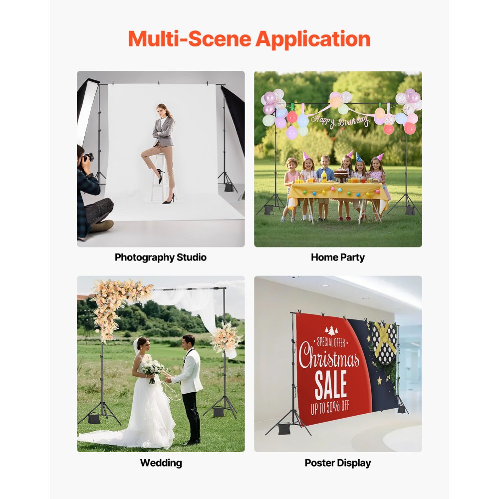 VEVOR Backdrop Stand, 8.5 x 10 ft Adjustable Photo Backdrop Stand Kit, Portable Background Backdrop Stand with 2 Tripods, Heavy Duty Projector Screen Stand, for Wedding, Photo Video Studio & Party