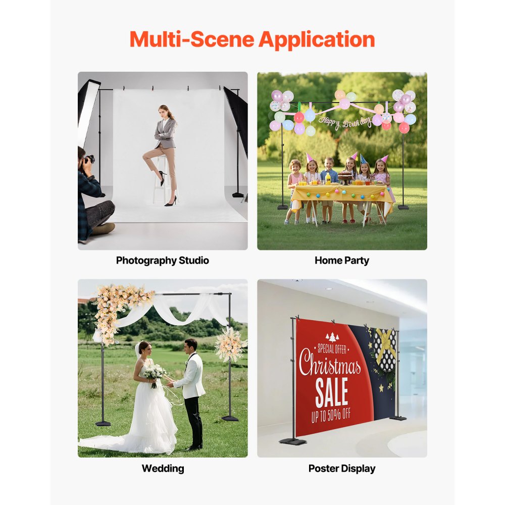 VEVOR Backdrop Stand, 8.5 x 10 ft Adjustable Photo Backdrop Stand Kit, Portable Background Backdrop Stand with 7 Crossbars, Heavy Duty Projector Screen Stand, for Wedding, Photo Video Studio & Party