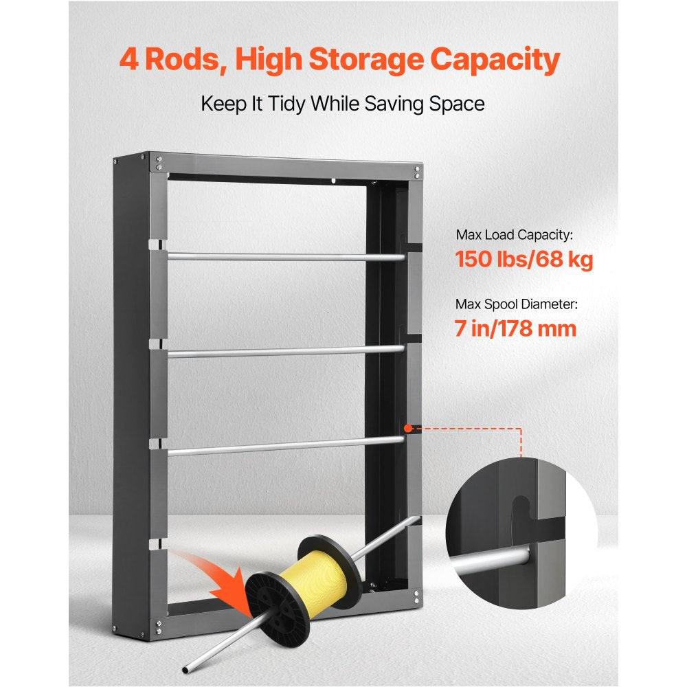 VEVOR Wire Spool Rack, 4 Adjustable Rods, Cold-Rolled Steel Wire Spool Holder Wall Mounted for Multi-Spools, Wiring Storage, 150 lbs Capacity Cable Dispenser, for Electrical Industrial Retail Use