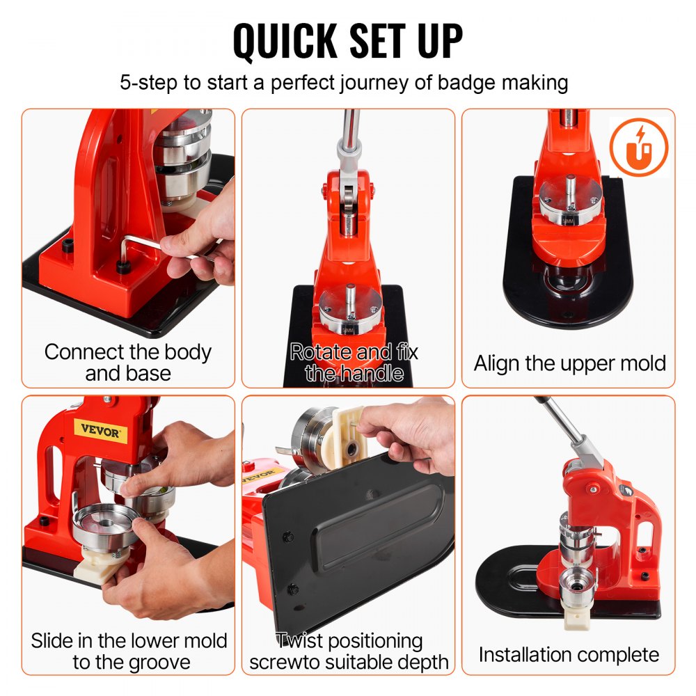 VEVOR Button Maker Machine, 32 mm (1.25 inch) Badge Punch Press Kit, Children DIY Gifts Pin Maker, Button Making Supplies with 500pcs Button Parts & Circle Cutter & Magic Book