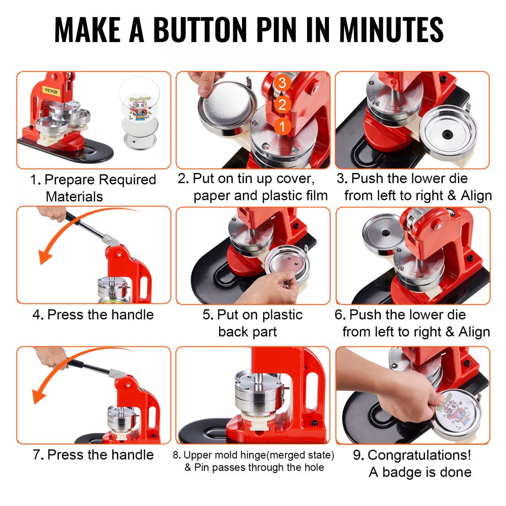 VEVOR Button Maker Machine, 58 mm (2.25 inch) Badge Punch Press Kit, Children DIY Gifts Pin Maker, Button Making Supplies with 500pcs Button Parts & Circle Cutter & Magic Book