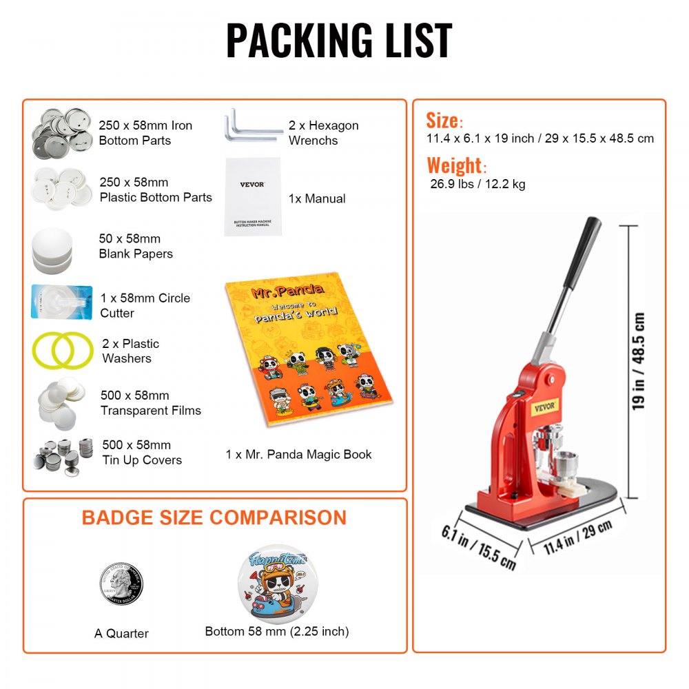 VEVOR Button Maker Machine, 58 mm (2.25 inch) Badge Punch Press Kit, Children DIY Gifts Pin Maker, Button Making Supplies with 500pcs Button Parts & Circle Cutter & Magic Book