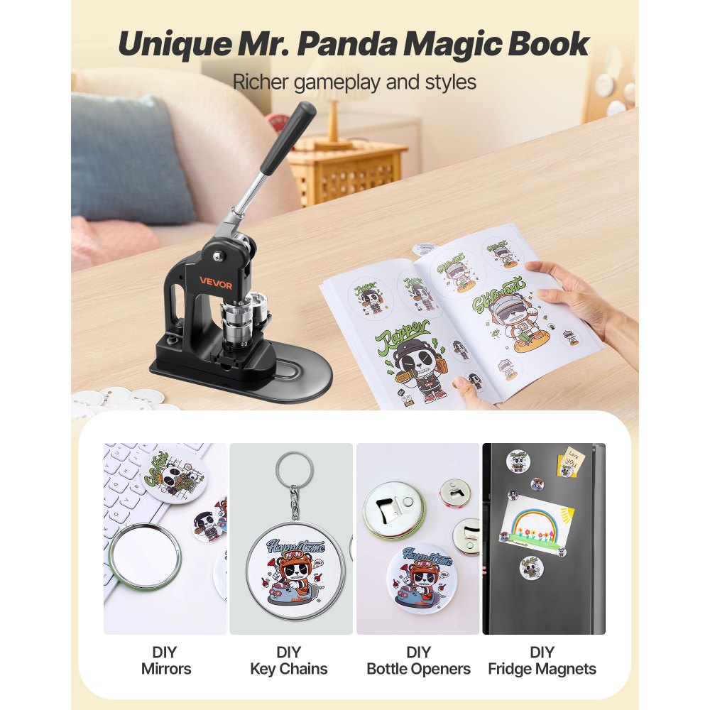 VEVOR Button Maker Machine, 1 in, Pin Maker Machine with 500pcs Button Parts, Circle Cutter, Hex Wrenches and Magic Book, Ergonomic Handle, for DIY Badges, Personalized Pins and Key Chains, Black