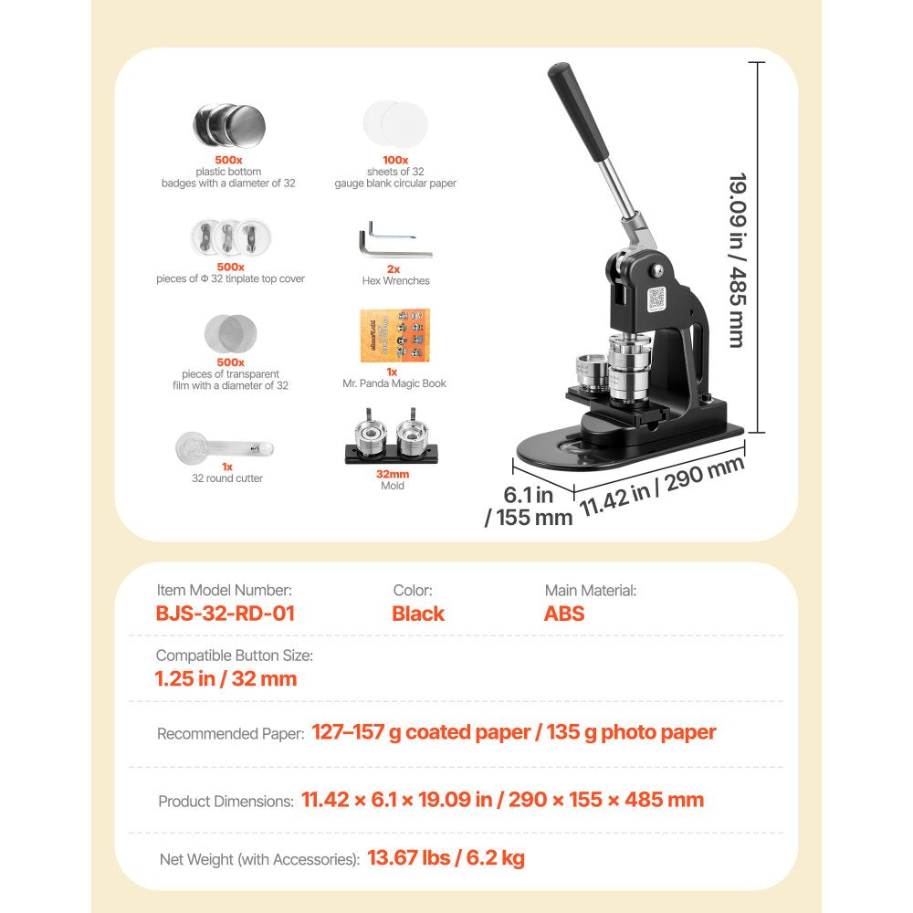 VEVOR Button Maker Machine, 1.25 in, Pin Maker Machine with 500pcs Button Parts, Circle Cutter, Hex Wrenches and Magic Book, Ergonomic Handle, for DIY Badges, Personalized Pins and Key Chains, Black