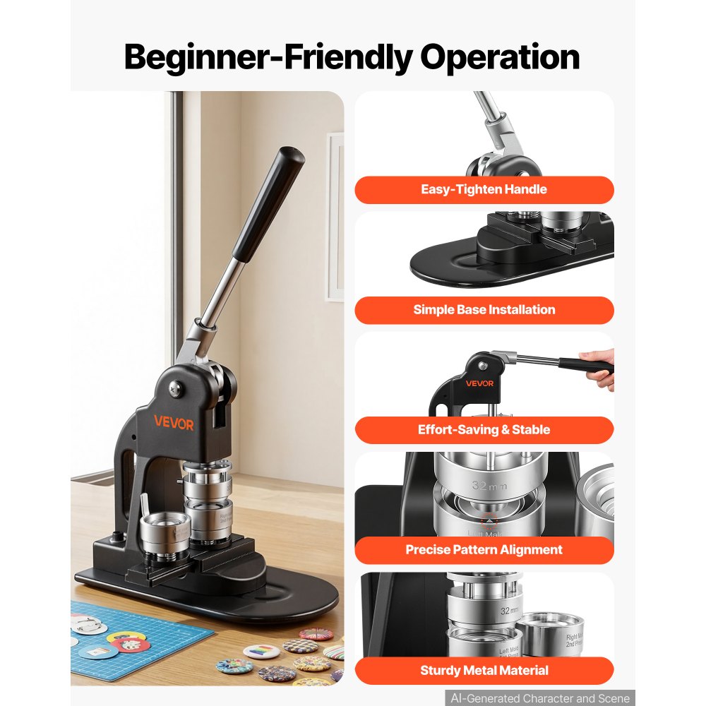VEVOR Button Maker Machine 1.25"/32 mm Pin Maker 500pcs Button Parts Black, with Circle Cutter, Magic Book, and Hex Wrenches, Ergonomic Handle, for DIY Badges, Pins, Fridge Magnets and Key Chains