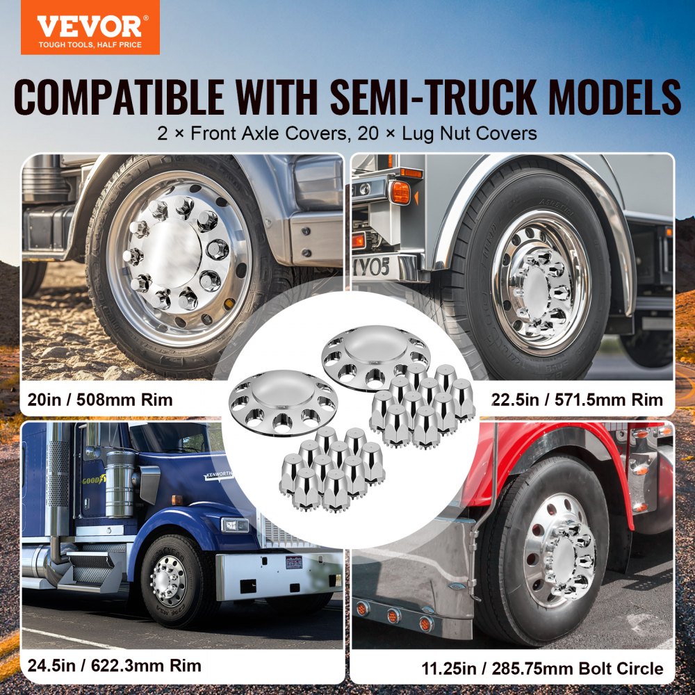 VEVOR Front Axle Wheel Covers, Dome Axle Cover for Semi Truck, ABS Electroplate Rust-Resistant Lug Nut Covers, Universal Fit, Installation Tool Included, Complete Axle Cover Combo Kit