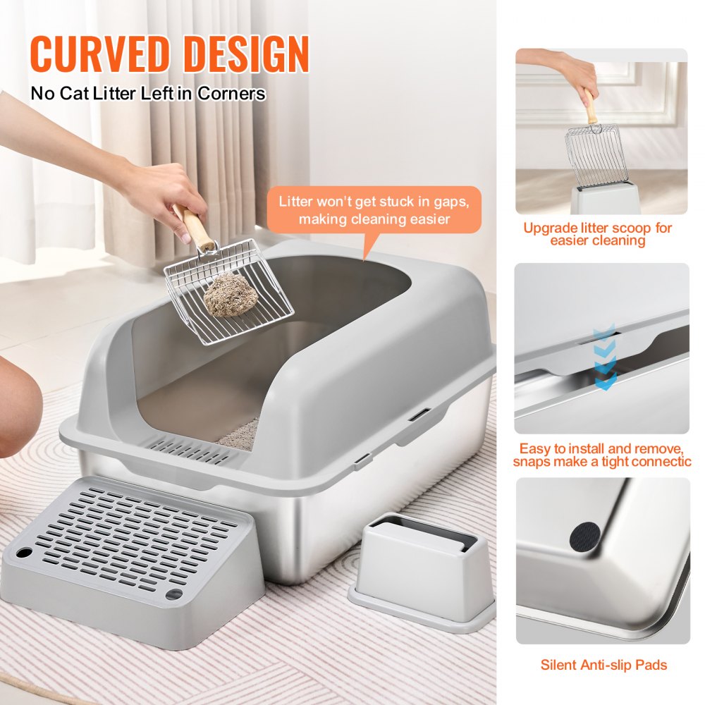 VEVOR Cat Litter Box, 6 inches Deep, XL Extra Large Stainless Steel Cat Litter Box with Scoop, Wide Filtering Foot Board & High Sides, Enclosed Odor-Free Easy-to-Clean Litter Box, Fit for Big Cats