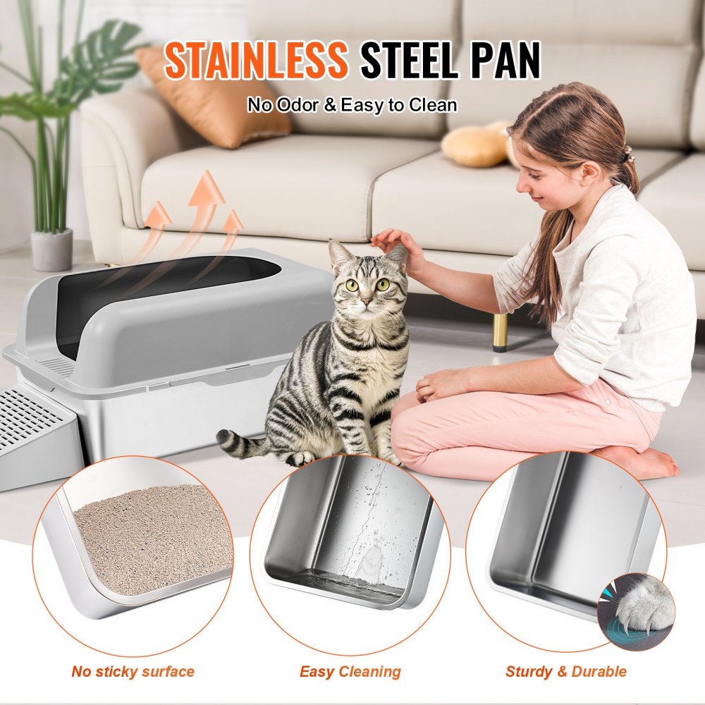 VEVOR Cat Litter Box, 6 inches Deep, XL Extra Large Stainless Steel Cat Litter Box with Scoop, Wide Filtering Foot Board & High Sides, Enclosed Odor-Free Easy-to-Clean Litter Box, Fit for Big Cats