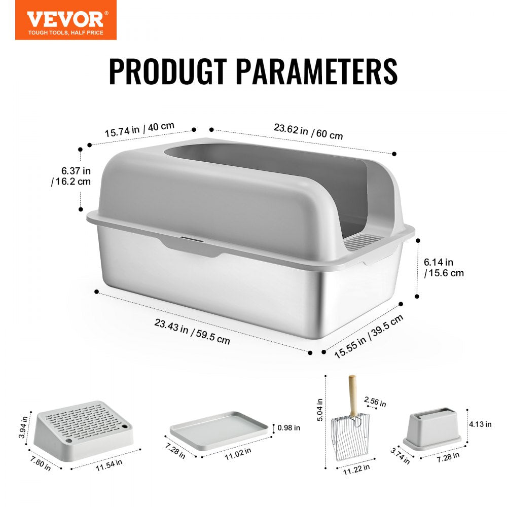 VEVOR Cat Litter Box, 6 inches Deep, XL Extra Large Stainless Steel Cat Litter Box with Scoop, Wide Filtering Foot Board & High Sides, Enclosed Odor-Free Easy-to-Clean Litter Box, Fit for Big Cats