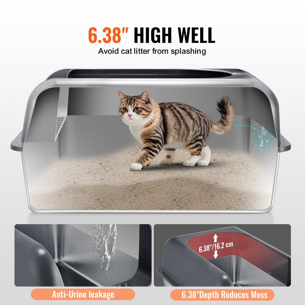 VEVOR Cat Litter Box, 6 inches Deep, XL Extra Large Stainless Steel Cat Litter Box with Scoop, Wide Filtering Foot Board & High Sides, Enclosed Odor-Free Easy-to-Clean Litter Box, Fit for Big Cats