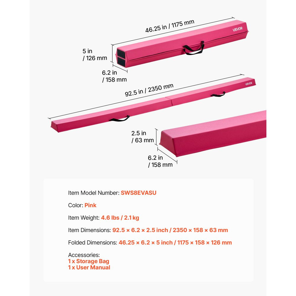VEVOR 8FT Folding Balance Beam for Kids, 200LBS Stable Support Gymnastics Floor Beam with Non-Slip Mats, Gymnastics Training Equipment with Anti-Slip Bottom and Carrying Bag for Home Gym, Pink