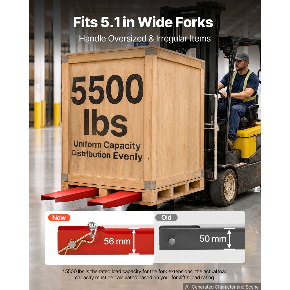 VEVOR Forklift Extensions 84 x 5.5 in, 5500 lbs Load Capacity & Bottom Lock, for Forklifts and Forklift Trucks, Heavy-Duty Industrial Steel Pallet Fork Attachments, Extended Load Handling, Red, 1 Pair
