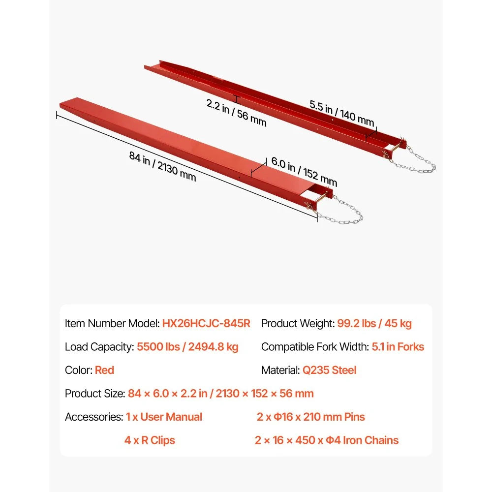 VEVOR Forklift Extensions 84 x 5.5 in, 5500 lbs Load Capacity & Bottom Lock, for Forklifts and Forklift Trucks, Heavy-Duty Industrial Steel Pallet Fork Attachments, Extended Load Handling, Red, 1 Pair