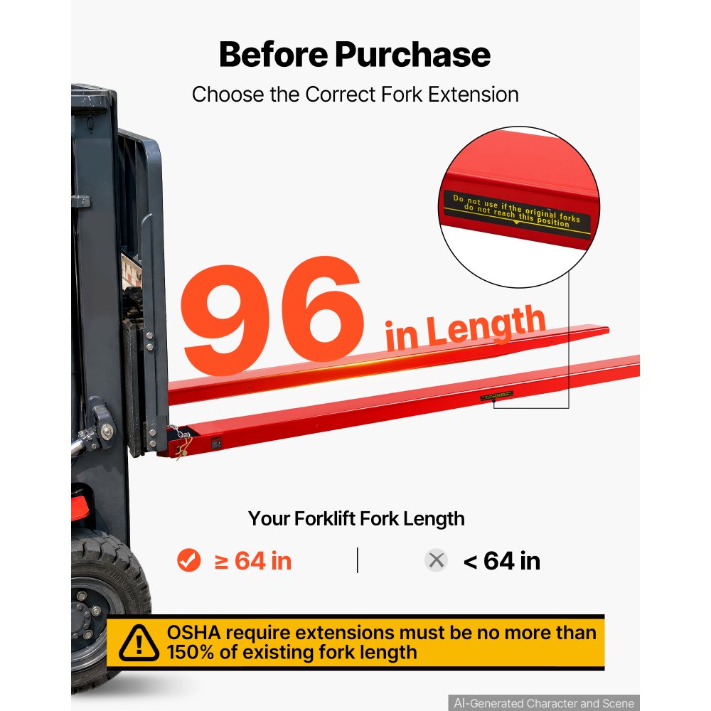 VEVOR Forklift Extensions 96 x 5.5 in, 5500 lbs Load Capacity & Bottom Lock, for Forklifts and Forklift Trucks, Heavy-Duty Industrial Steel Pallet Fork Attachments, Extended Load Handling, Red, 1 Pair