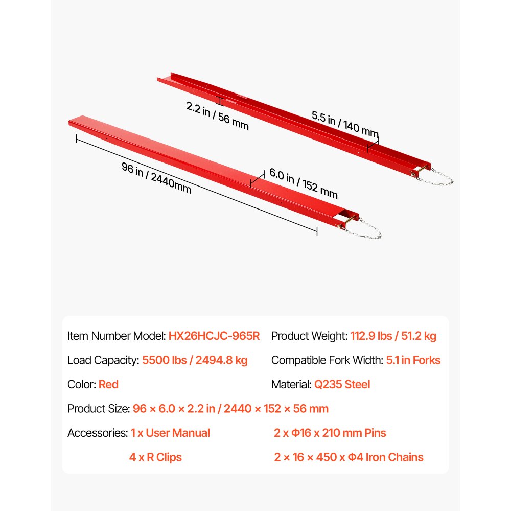 VEVOR Forklift Extensions 96 x 5.5 in, 5500 lbs Load Capacity & Bottom Lock, for Forklifts and Forklift Trucks, Heavy-Duty Industrial Steel Pallet Fork Attachments, Extended Load Handling, Red, 1 Pair