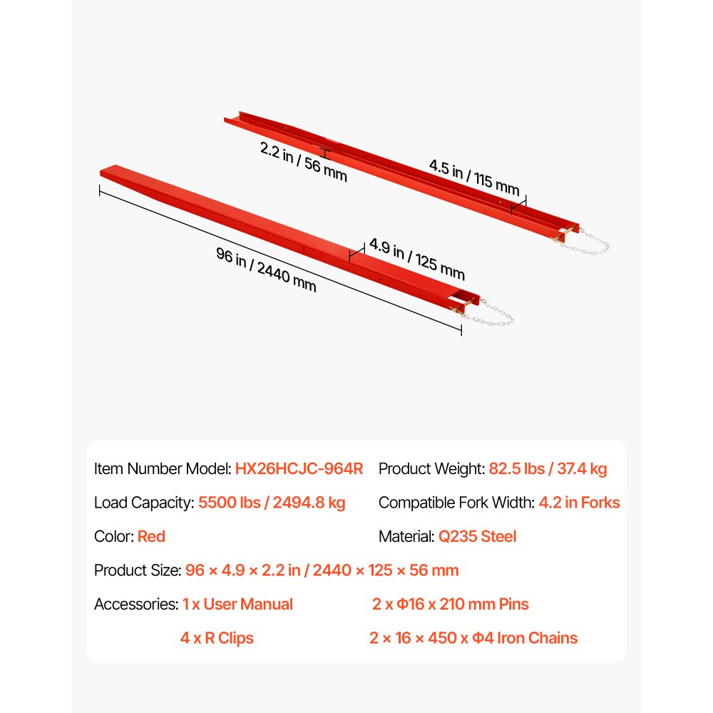 VEVOR Forklift Extensions 96 x 4.5 in, 5500 lbs Load Capacity & Bottom Lock, for Forklifts and Forklift Trucks, Heavy-Duty Industrial Steel Pallet Fork Attachments, Extended Load Handling, Red, 1 Pair