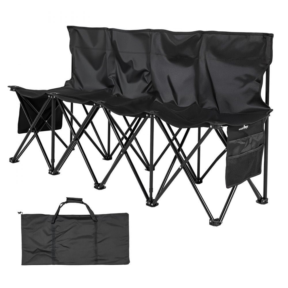 VEVOR Portable Folding Bench, 4 Seat Foldable Soccer Bench with Side Pockets and Carrying Bag, Lightweight Sideline Seating with Back Rest for Football, Baseball, Camping, Outdoor Events, Black