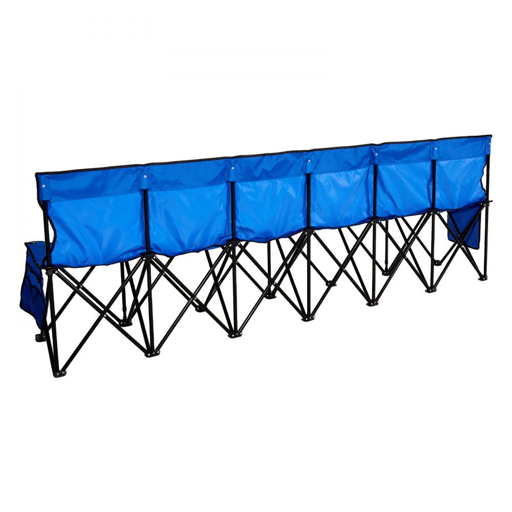 VEVOR Portable Folding Bench, 6 Seat Foldable Soccer Bench with Side Pockets and Carrying Bag, Lightweight Sideline Seating with Back Rest for Football, Baseball, Camping, Outdoor Events, Blue