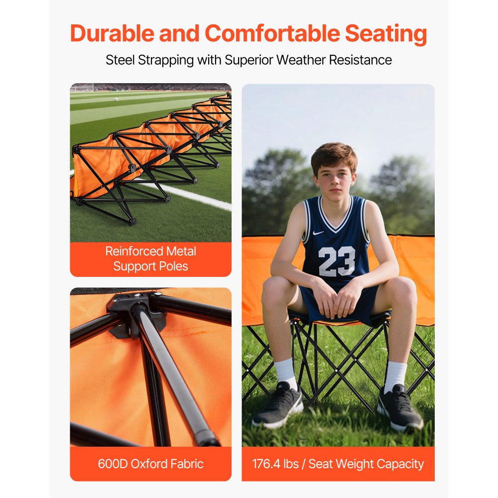 VEVOR Portable Folding Bench, 6 Seat Foldable Soccer Bench with Side Pockets and Carrying Bag, Lightweight Sideline Seating with Back Rest for Football, Baseball, Camping, Outdoor Events, Orange