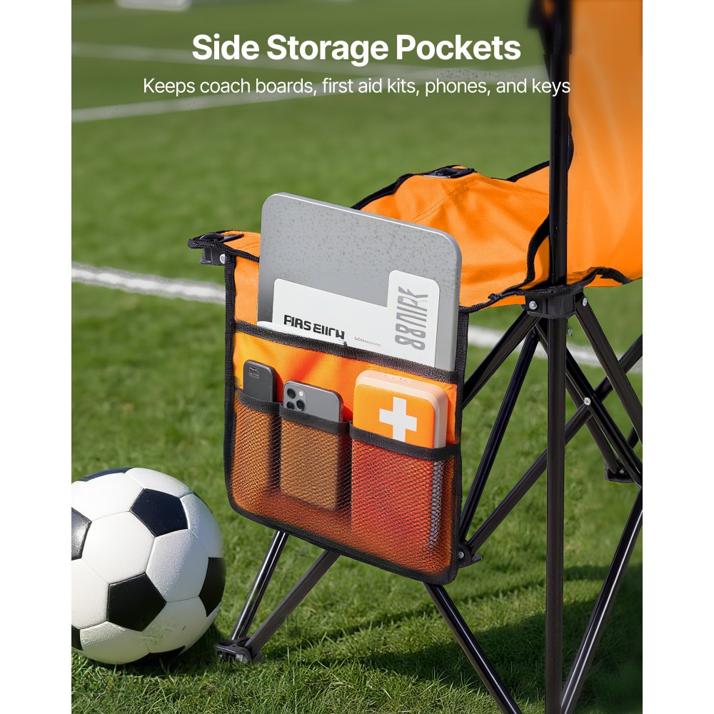 VEVOR Portable Folding Bench, 6 Seat Foldable Soccer Bench with Side Pockets and Carrying Bag, Lightweight Sideline Seating with Back Rest for Football, Baseball, Camping, Outdoor Events, Orange