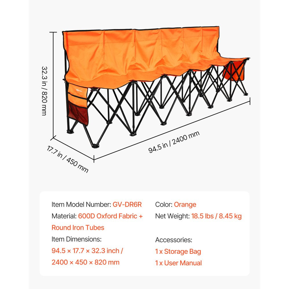 VEVOR Portable Folding Bench, 6 Seat Foldable Soccer Bench with Side Pockets and Carrying Bag, Lightweight Sideline Seating with Back Rest for Football, Baseball, Camping, Outdoor Events, Orange