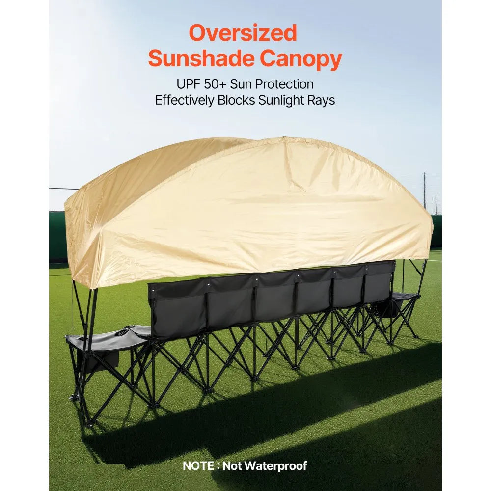VEVOR Portable Folding Bench, 6 Seat Soccer Bench with Storage Pockets Cup Holders & Carrying Bag, Lightweight Sideline Seating with Sunshade for Football, Baseball, Camping, Outdoor Events, Black