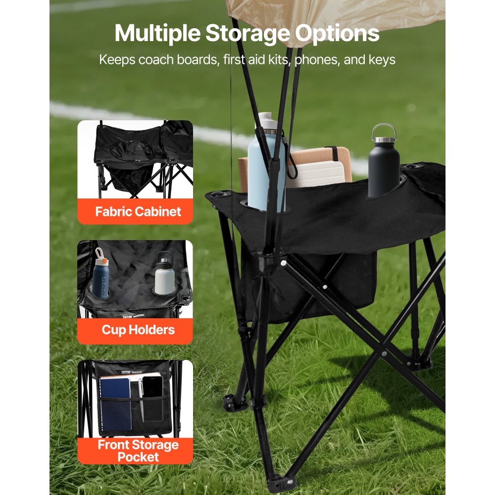 VEVOR Portable Folding Bench, 6 Seat Soccer Bench with Storage Pockets Cup Holders & Carrying Bag, Lightweight Sideline Seating with Sunshade for Football, Baseball, Camping, Outdoor Events, Black