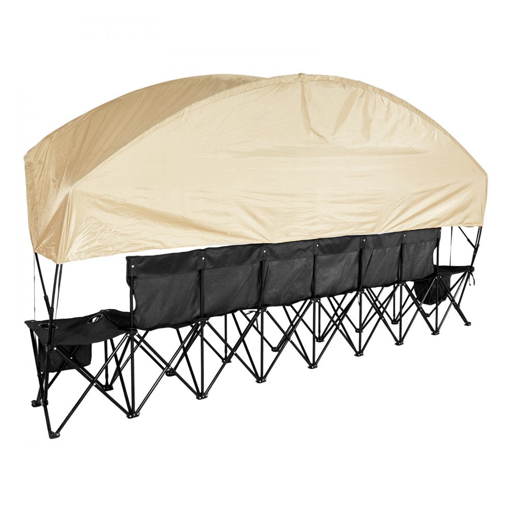 VEVOR Portable Folding Bench, 6 Seat Soccer Bench with Storage Pockets Cup Holders & Carrying Bag, Lightweight Sideline Seating with Sunshade for Football, Baseball, Camping, Outdoor Events, Black
