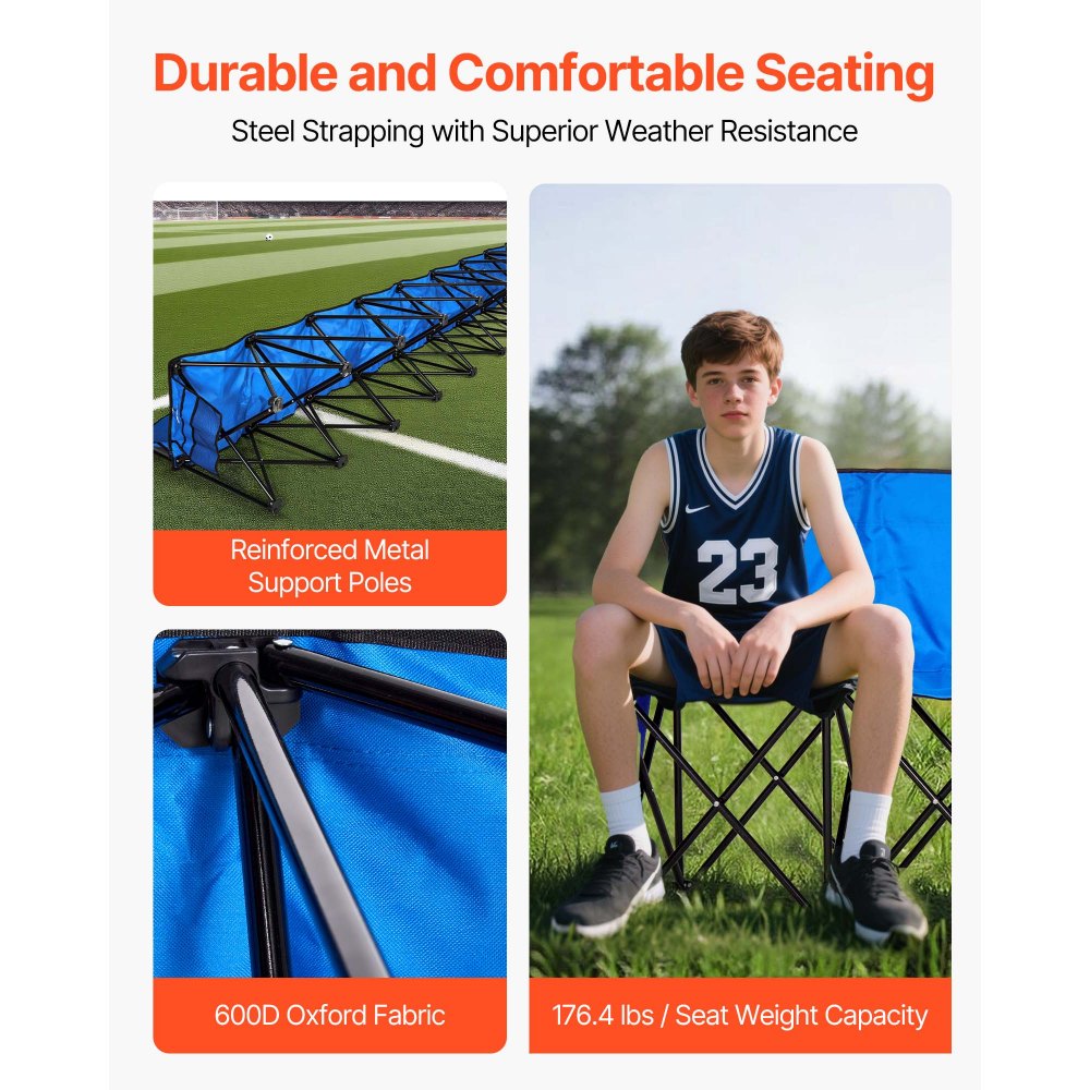 VEVOR Portable Folding Bench, 8 Seat Foldable Soccer Bench with Side Pockets and Carrying Bag, Lightweight Sideline Seating with Back Rest for Football, Baseball, Camping, Outdoor Events, Blue