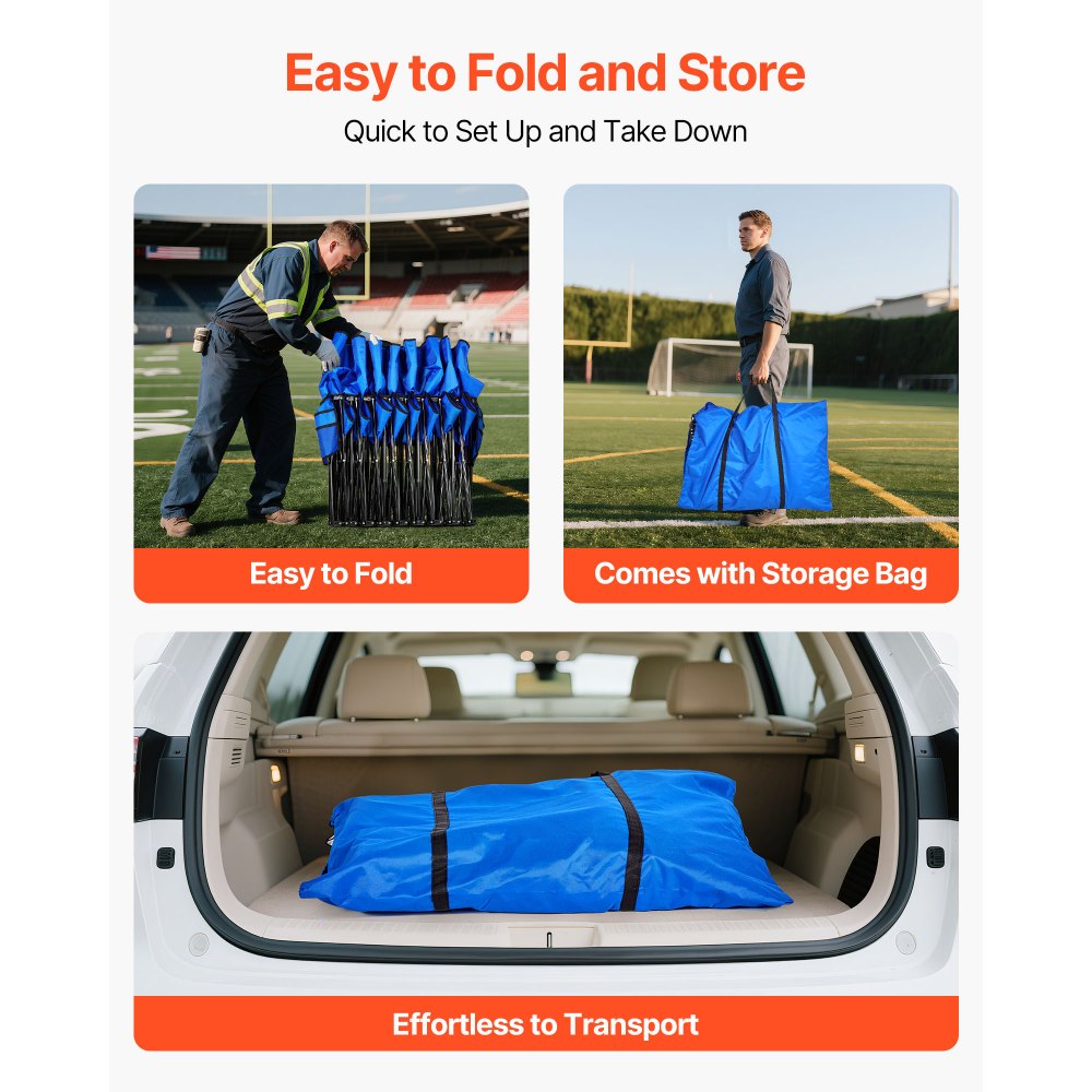 VEVOR Portable Folding Bench, 8 Seat Foldable Soccer Bench with Side Pockets and Carrying Bag, Lightweight Sideline Seating with Back Rest for Football, Baseball, Camping, Outdoor Events, Blue