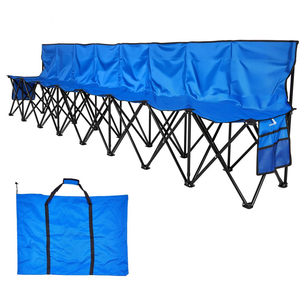 VEVOR Portable Folding Bench, 8 Seat Foldable Soccer Bench with Side Pockets and Carrying Bag, Lightweight Sideline Seating with Back Rest for Football, Baseball, Camping, Outdoor Events, Blue