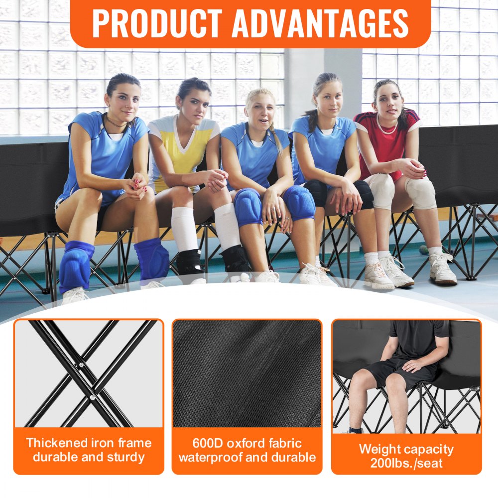 VEVOR Portable Folding Bench, 8 Seat Foldable Soccer Bench with Side Pockets and Carrying Bag, Lightweight Sideline Seating with Back Rest for Football, Baseball, Camping, Outdoor Events, Black