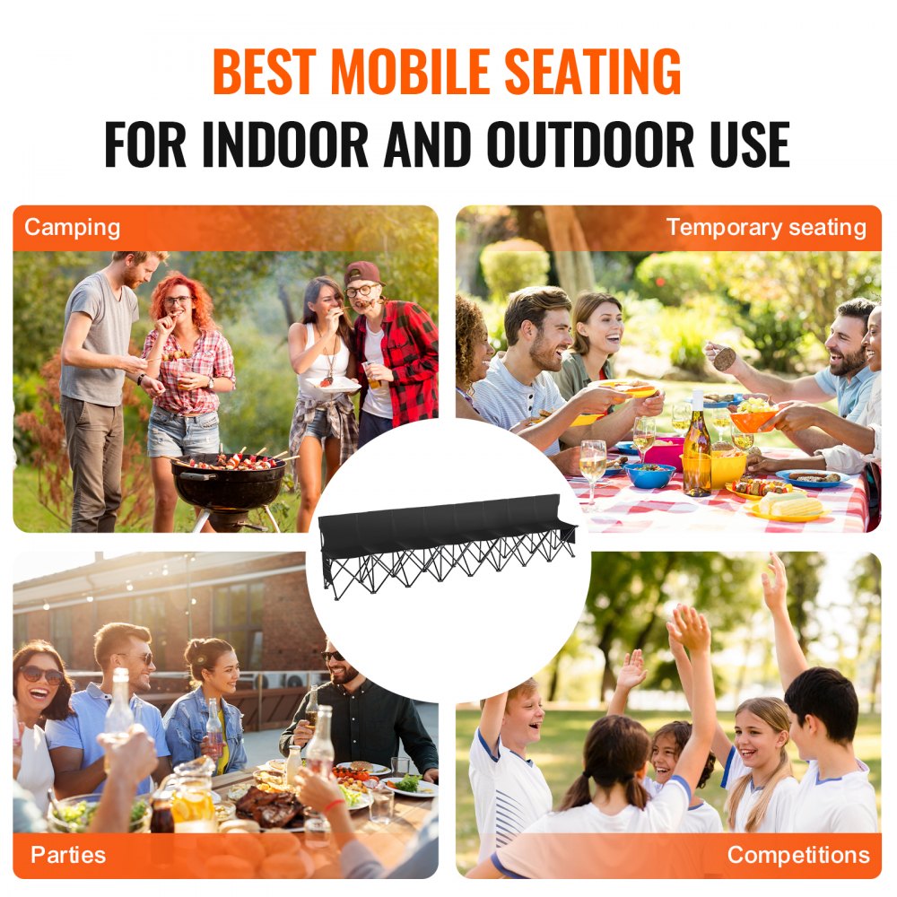 VEVOR Portable Folding Bench, 8 Seat Foldable Soccer Bench with Side Pockets and Carrying Bag, Lightweight Sideline Seating with Back Rest for Football, Baseball, Camping, Outdoor Events, Black